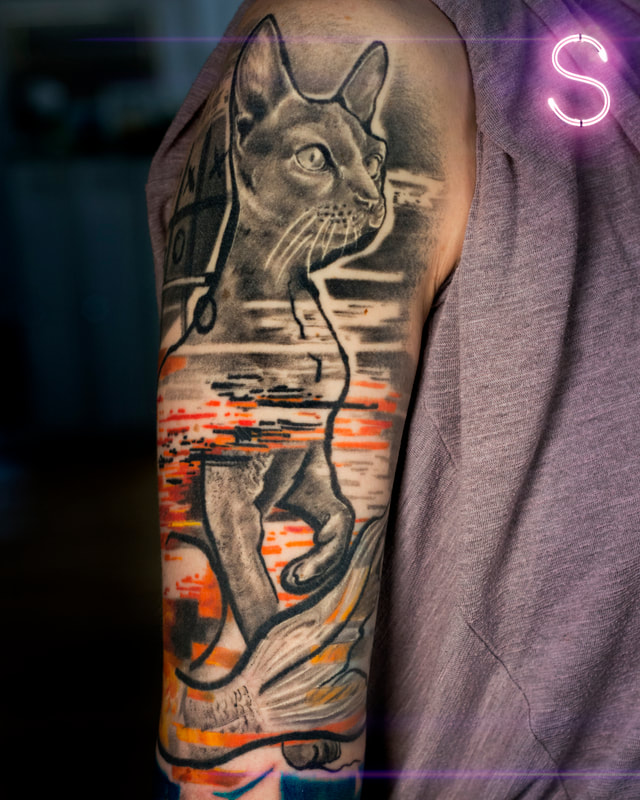 Cornish rex, cat, cat lover, Graphic, Realistic, tattoo, dark tattoo, montreal tattoo artist, Yanick Sasseville, Mr Sassy Tattoos, best tattoo, industry ink, trash polka tattoo, montreal tattoo shop