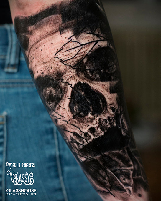 Realistic Skull, dark art, Graphic, Realistic, tattoo, dark tattoo, montreal tattoo artist, Yanick Sasseville, Mr Sassy Tattoos, best tattoo, industry ink, trash polka tattoo, montreal tattoo shop